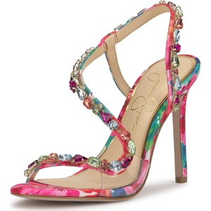 image:imageJessica Simpson Jaycin Embellished Heeled SandalsBright White Painted Petals Printed Satin
