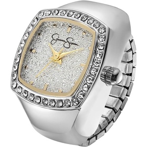 image:imageJessica Simpson Womens Silver Adjustable Ring Watch  Crystal Bezel Quartz Analog Mini Dial Stretch Band Fashion Jewelry AccessorySilver