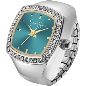 image:imageJessica Simpson Womens Silver Adjustable Ring Watch  Crystal Bezel Quartz Analog Mini Dial Stretch Band Fashion Jewelry AccessorySilverTeal