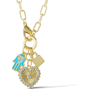 image:imageJessica Simpson Womens Triple Charm Necklace 17  GoldTone Necklace with Lock Charm and Heart Charms